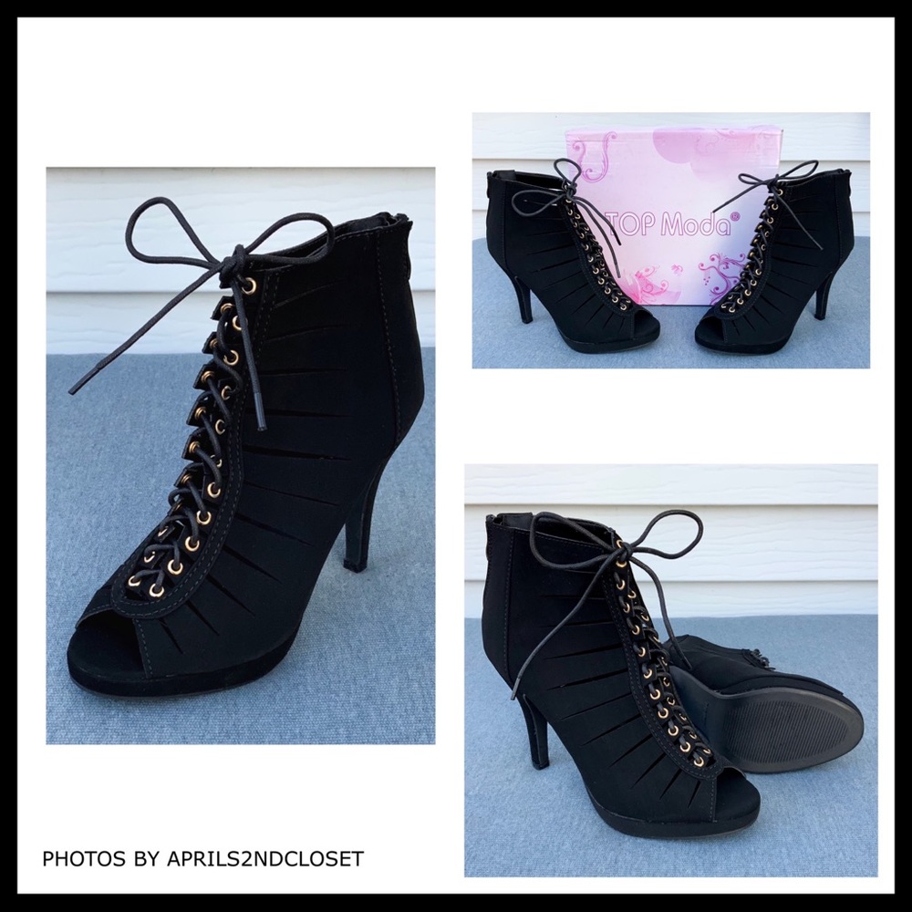 BLACK ANKLE BOOTIES LACE UP PEEP TOE HEELS A3C - Picture 2 of 8